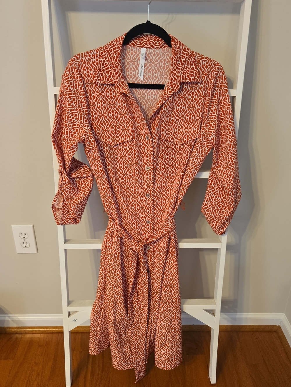 NY Collection Coral-White Patterned Midi Shirt Dress with Tie